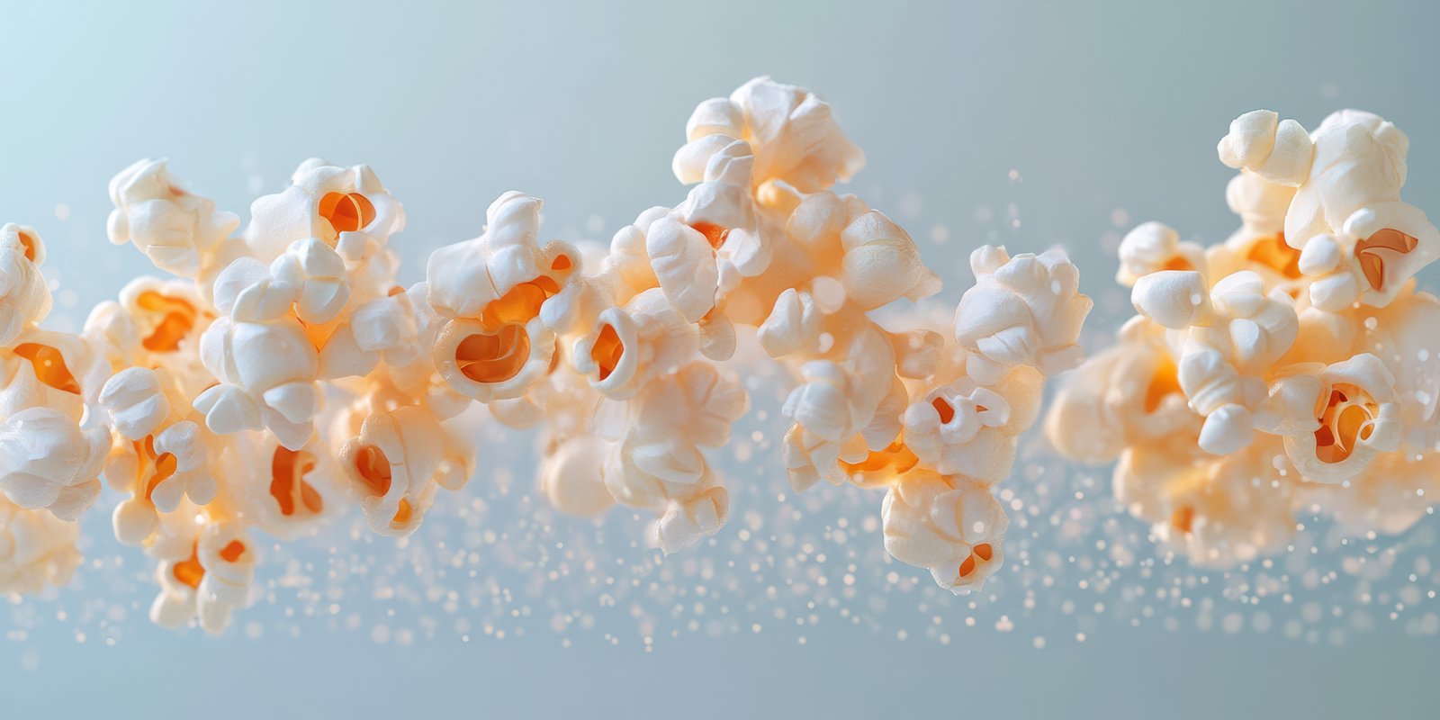 Light and fluffy popcorn popping in mid-air against a soft blue background creating a joyful snack atmosphere